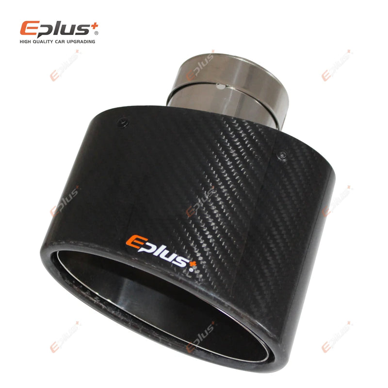 EPLUS Glossy Carbon Fiber Car Muffler Tip Exhaust Pipe Nozzle Decoration Universal Stainless Silver Oval 150mm Tilting Left Righ