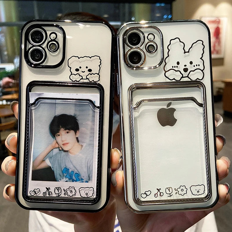 Photo Card Pocket Bag Wallet Case For iPhone 13 11 12 14 Pro Max XS XR X 8 7 6S Plus Plating Cute Bear Rabbit Soft Phone Cover