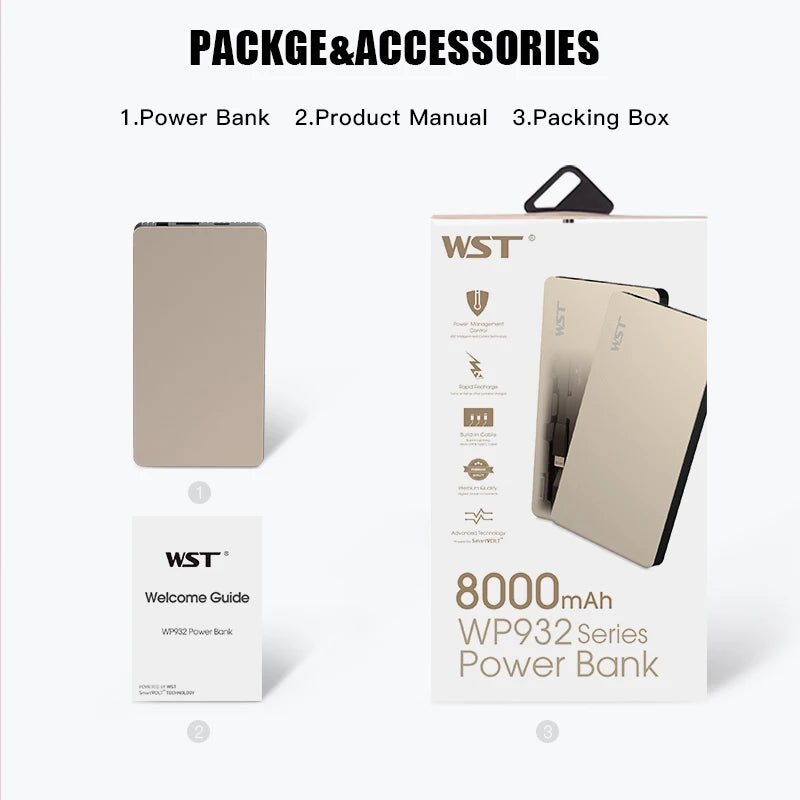 WST Original Brand Built In Cable Ultra Thin Power Bank Gold Silver Black Business Portable Battery Pack for Power bank Station