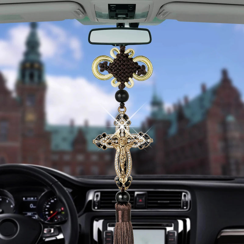 Jesus Figurine Cross Car Pendants Auto Decoration Hanging Automobiles Rear View Mirror Christian Suspension Decor Accessories