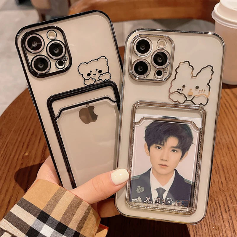 Photo Card Pocket Bag Wallet Case For iPhone 13 11 12 14 Pro Max XS XR X 8 7 6S Plus Plating Cute Bear Rabbit Soft Phone Cover