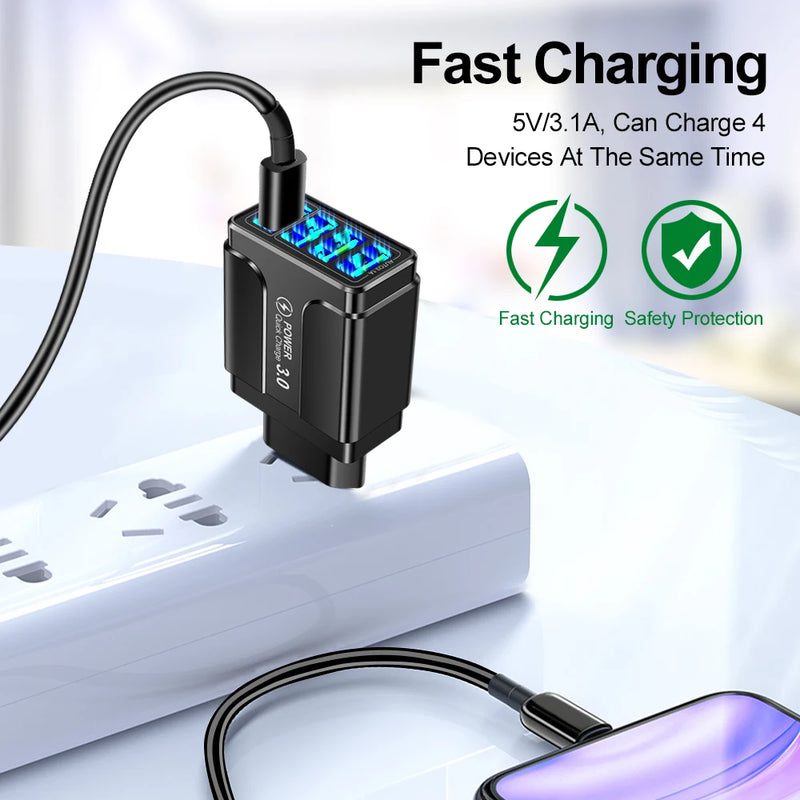 48W USB Charger 4 Ports Quick Charge 3.0 4.0 Universal Wall Mobile Phone Chargers Fast Charging For iPhone 12 X Xiaomi Tablet