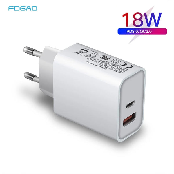 FDGAO 18W Quick Charge 3.0 USB PD Charger QC3.0 Type C Adapter For iPhone 12 Pro Max Samsung S20 S10 Wall Travel Phone Charger