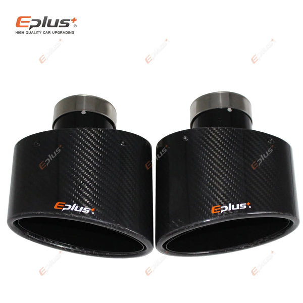 EPLUS Glossy Carbon Fiber Car Muffler Tip Exhaust Pipe Nozzle Decoration Universal Stainless Black Oval 150mm Tilting Left Right