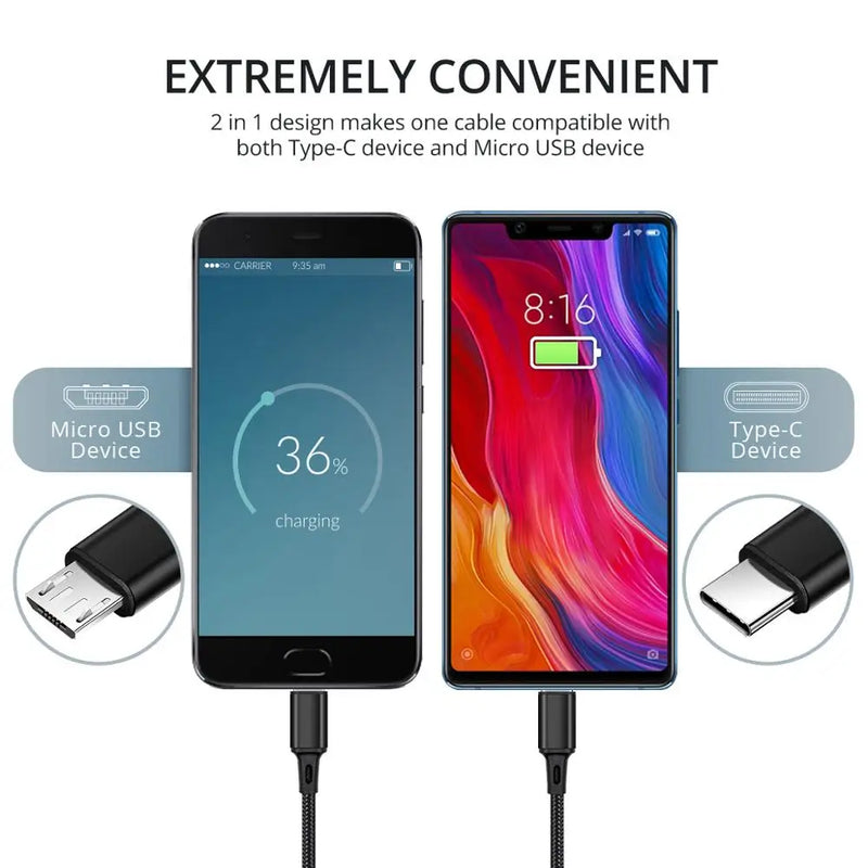 FONKEN 2 in 1 USB Cable Type C Micro USB Fast Charging Wires 1M Separate USB C Nylon Braid for Android Mobile Phone Cables