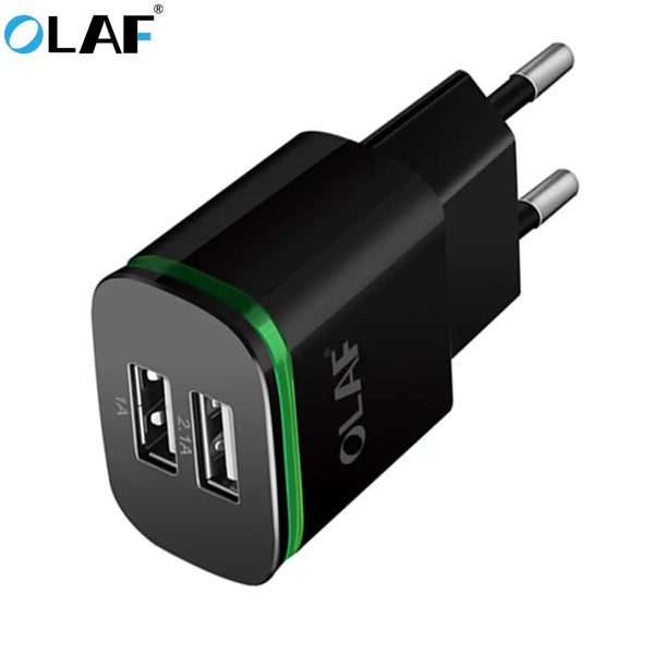 Olaf EU Plug 2 Ports LED Light USB Charger 5V 2A Mobile Phone Charger Micro USB/Type C Cable Charging for Samsung Xiaomi Huawei