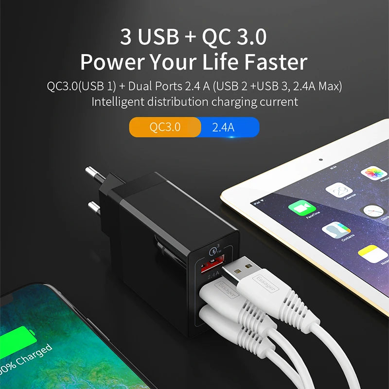 Essager 30W Quick Charge 3.0 USB Charger QC3.0 Fast Charger Multi Plug Wall Mobile Phone Charger for iPhone 14 Samsung Xiaomi Mi