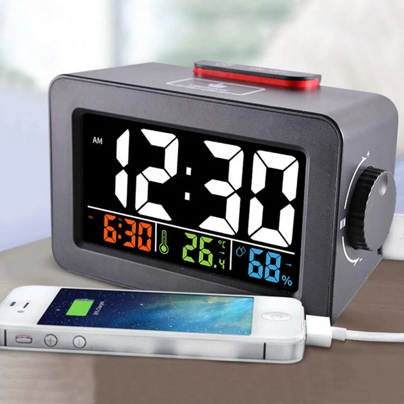 Gift Idea Bedside Wake Up Digital Alarm Clock with Thermometer Hygrometer Humidity Temperature Table Desk Clock Phone Charger