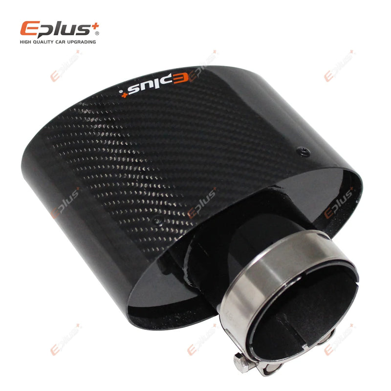 EPLUS Glossy Carbon Fiber Car Muffler Tip Exhaust Pipe Nozzle Decoration Universal Stainless Black Oval 150mm Tilting Left Right