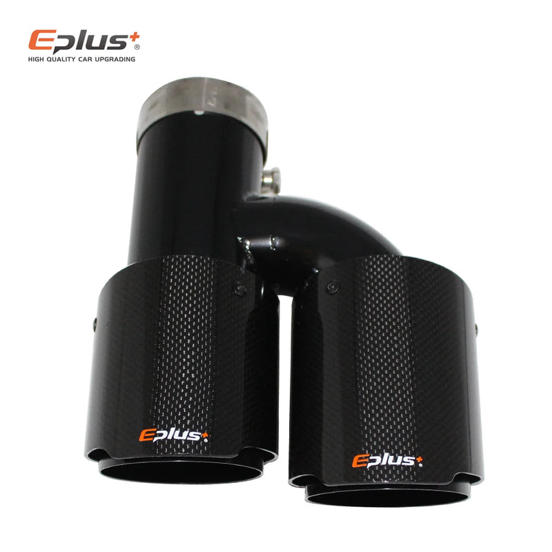 EPLUS Car Carbon Fiber Glossy Muffler Tip H Shape Double Exit Exhaust Pipe Mufflers Nozzle Decoration Universal Stainless Black