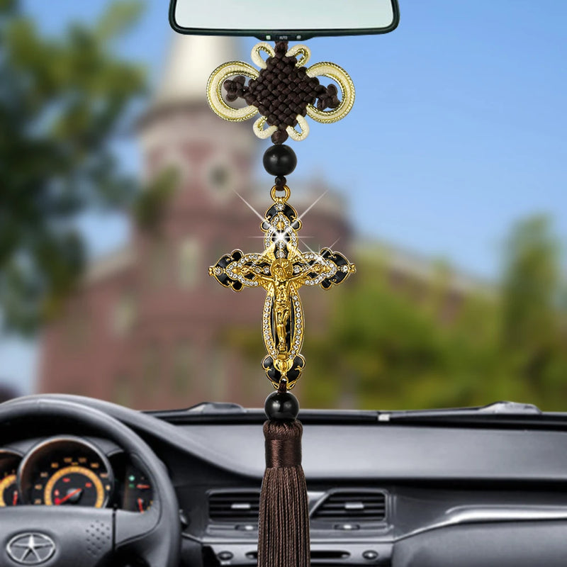 Jesus Figurine Cross Car Pendants Auto Decoration Hanging Automobiles Rear View Mirror Christian Suspension Decor Accessories