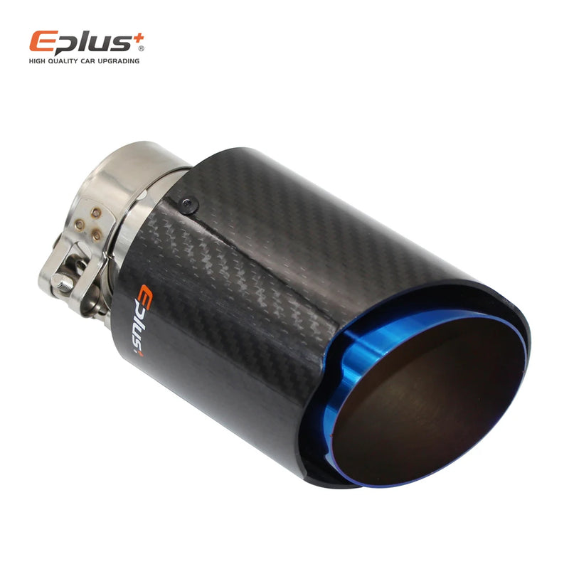 EPLUS Car Glossy Carbon Fiber Muffler Tip Exhaust System Pipe Mufflers Nozzle Universal Straight Stainless Blue For Akrapovic