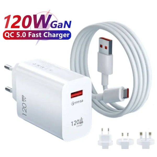 120W USB Fast Charger Quick Charge 5.0 EU/US/UK Plug Phone Charger Type-C Cable For Huawei Samsung Xiaomi QC3.0 USB Wall Charger