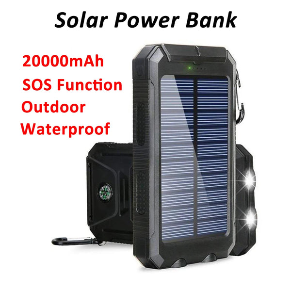 20000mAh Solar Power Bank Outdoor Portable Charger Powerbank Waterproof External Battery Dual USB Charging with LED Light