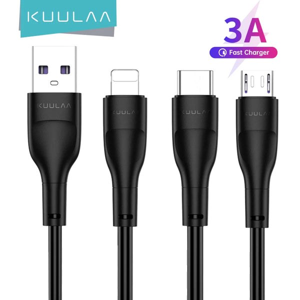 KUULAA 3A USB Type C Micro USB Phone Charger Charging Cable Cord Fast Charge Mobile Phone Cables Wire for iPhone Xiaomi Redmi