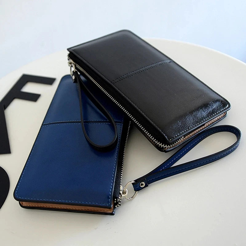 Women's Vintage Oil Wax Leather Zipper Clutch Wallet Female Large Capacity Coin Purse Ladies Wristband Simple Card Holder Wallet