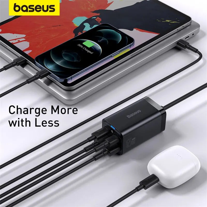 Baseus 65W GaN Charger Desktop Fast Charger 4 in 1 Laptop Phone Charger Adapter For iPhone 15 14 13 Pro Max Xiaomi Samsung