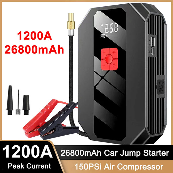 4 In 1 1200A Jump Starter Power Bank 26800mAh 150PSI Air Compressor Tire Pump Portable Charger Car Booster Starting Device
