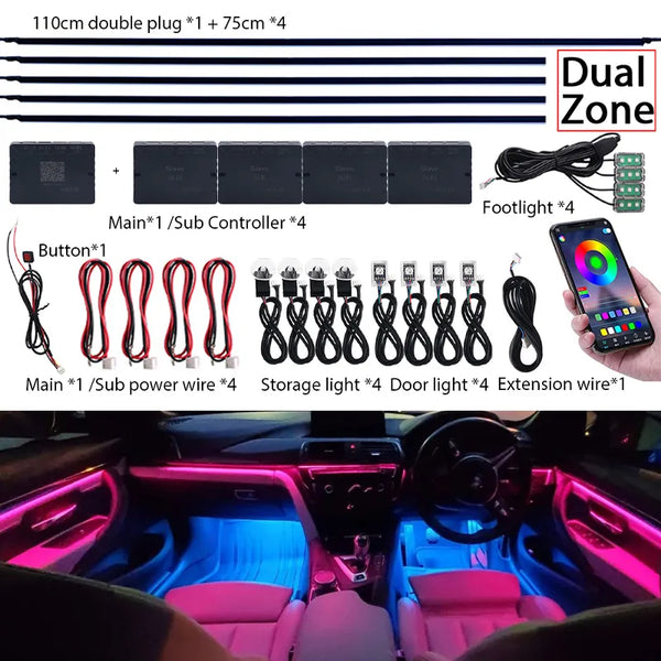18 in 1 Dual Zone Symphony LED Car Ambient Lights RGB 64 Colors Interior Rainbow Acrylic Strip Neon Atmosphere Lighting Kit App
