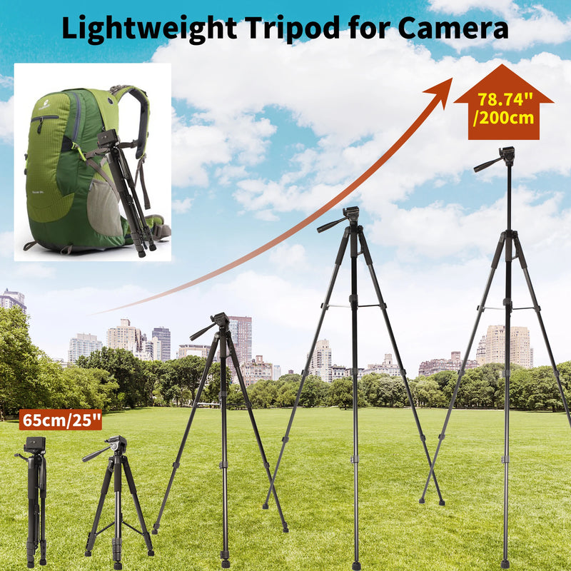200cm 79 inch Height Heavy Duty Camera Tripod Portable Professional AluminumStand Tripod with Pan Head for DSLR Phone Ring Light
