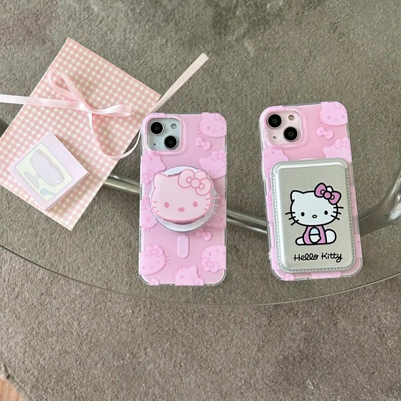 Cute Sanrio Hello Kitty Magnetic Wallet Bracket Magsafe Wireless Charge Phone Case For iPhone 15 14 13 12 11 Pro Max Hard Cover