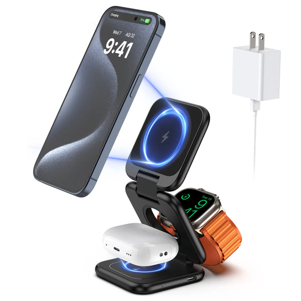 KUXIU 3 in 1 15W Magnetic Wireless Charging Station for iPhone 15 14 13 12 Pro/Max,Apple Watch, AirPods 3/2,Foldable Phone Hold