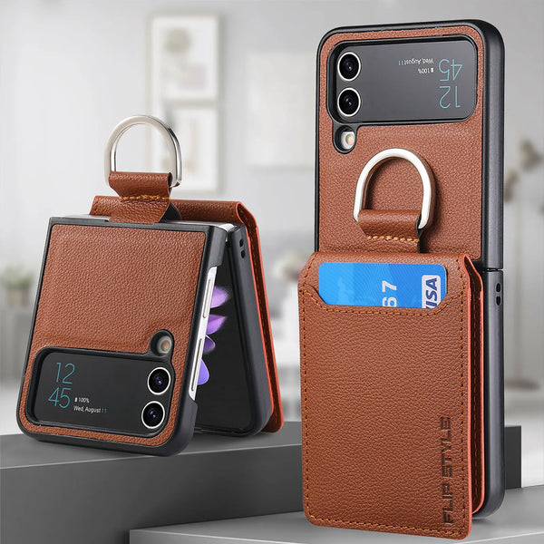 Wallet Phone Case For Samsung Z Flip 4 Finger Ring Card Holder Stand Shockproof Lychee Pattern PU Leather Cover For Z Flip 1 2 3