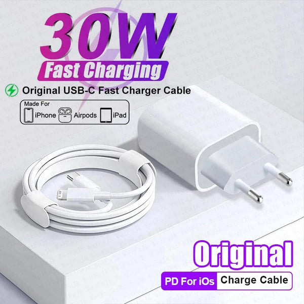 For APPLE Original 30W Type C Charger For iPhone 15 14 13 12 11 Pro Max Mini X XS XR 7 8 Plus iPad Fast Charging Lightning Cable