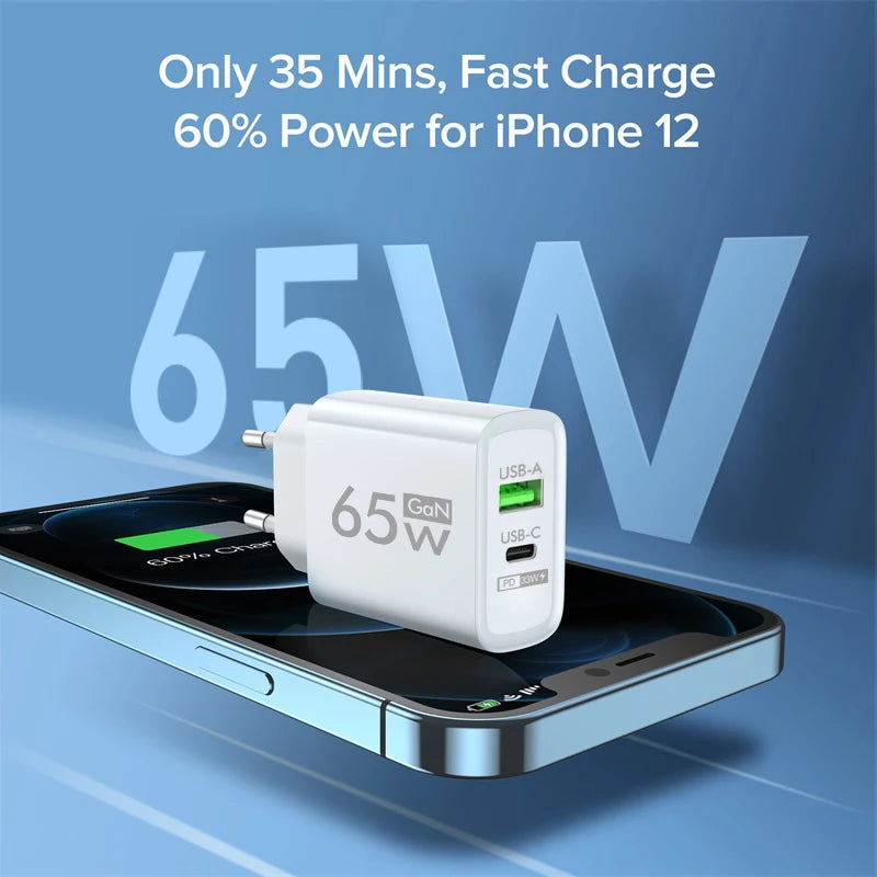 65W GAN Charger USB Type C Charger Phone Charger Fast Charging For iPhone 14 Xiaomi Samsung Quick Charge 3.0 USB C Power Adapter