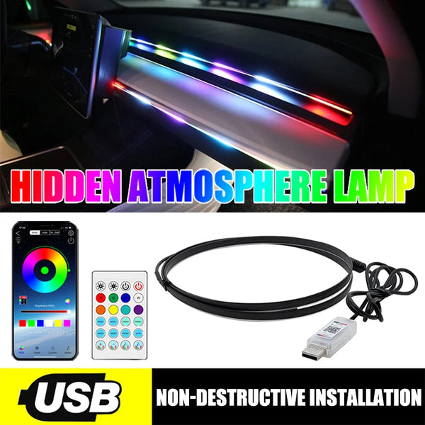 Car LED Ambient Light 64 Color Acrylic Strips 110cm Full Colors RGB Car Interior Hidden App Remote Control Atmosphere Lamp