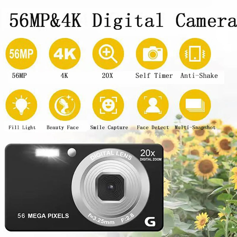HD Digital Video Camera 2.7 Inch LCD Point Shoot Cameras 4K 56MP 56 Million Pixel Anti-Shake 20x Zoom for Photography and Video