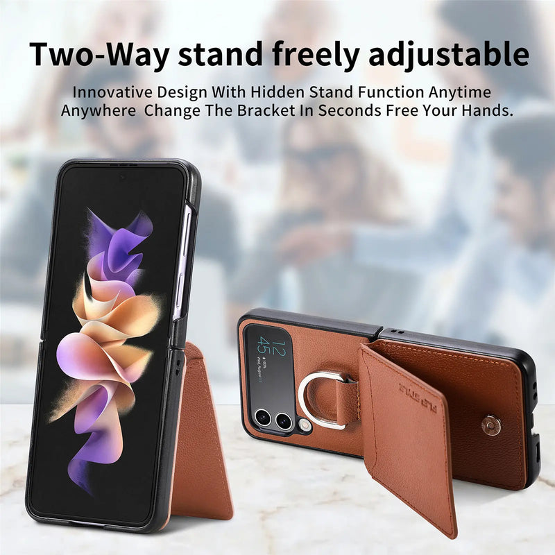 Wallet Phone Case For Samsung Z Flip 4 Finger Ring Card Holder Stand Shockproof Lychee Pattern PU Leather Cover For Z Flip 1 2 3
