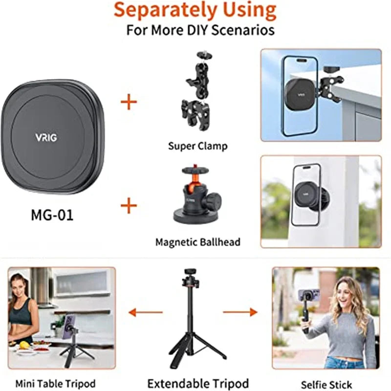 Vrig Magnetic Extend Selfie Stick Tripod with 1/4" Magnet Tripod Mount Cell Phone Tripod Stand for MagSafe Iphone Android phone