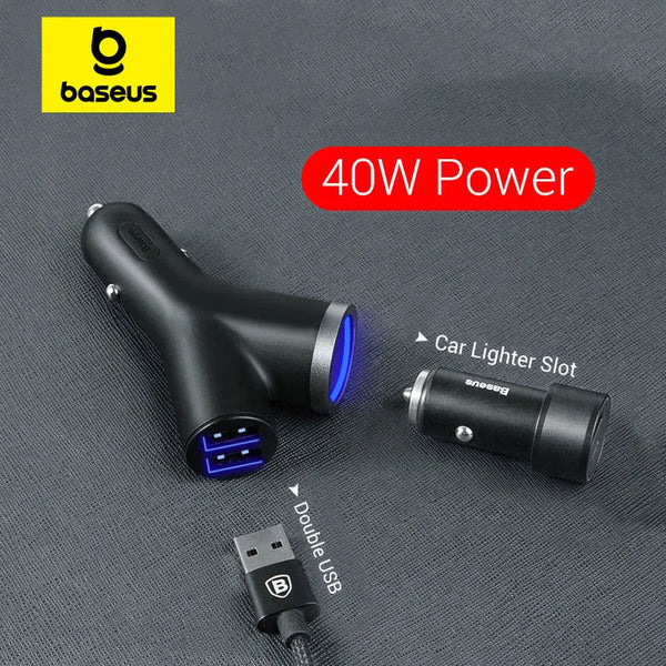 Baseus 40W Car Charger for Universal Mobile Phone Dual USB Car Cigarette Lighter Slot for Tablet GPS 3 Devices Car Phone Charger