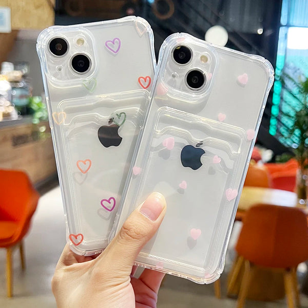 USLION Transparent Love Heart Card Holder Phone Case For iPhone 14 13 12 11 Pro max X XR XS Soft TPU Card Pocket Protection Case