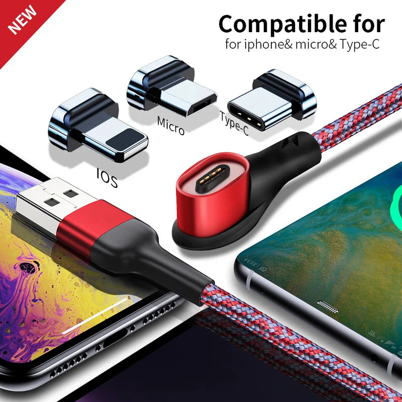 Elough 90 Degree Magetic cable USB C Cable 3 in 1 Elbow 3A Fast Charging Cable Date Wire For iPhone Samsung Xiaomi Mobile Phone