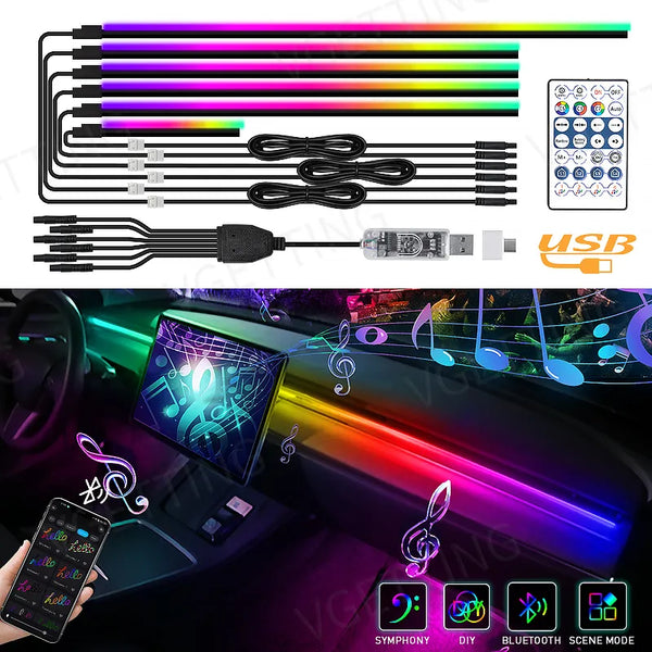 6in1 Interior LED Ambient Lights For Tesla Model 3 Y S X Full Color RGB LED 110/140CM USB APP Control Remote Acrylic Atmosphere