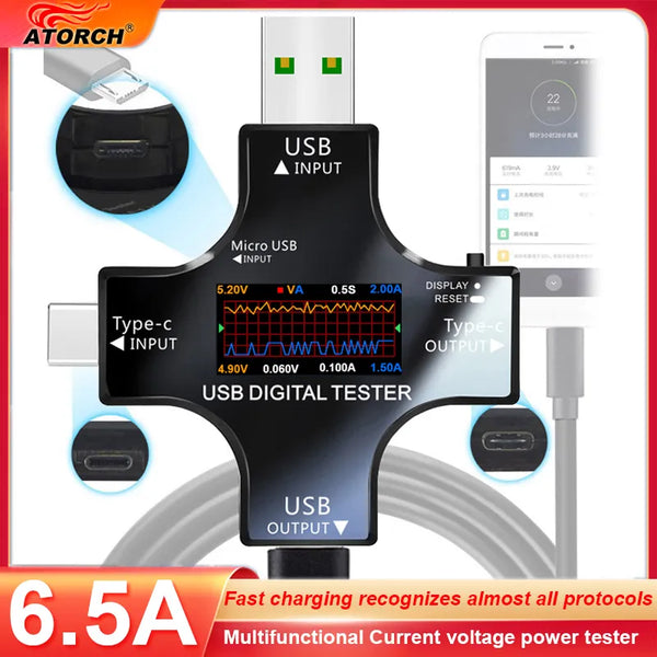 6.5A USB Tester DC Type-C PD Digital Voltmeter Amper Voltage Current Monitor Ammeter Detector Power Bank Charger Capacity Meter