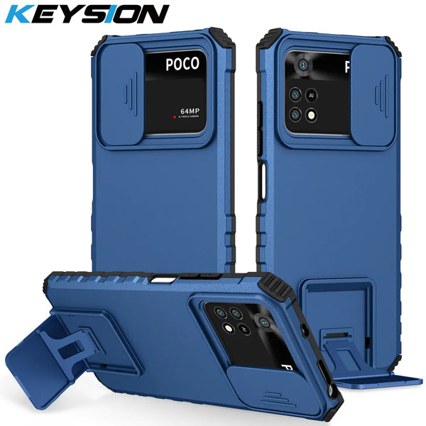 KEYSION Shockproof Case for Xiaomi POCO X4 Pro X5 5G M3 M4Pro Push Pull Camera Protection Live Stand Phone Cover for POCO X3 NFC