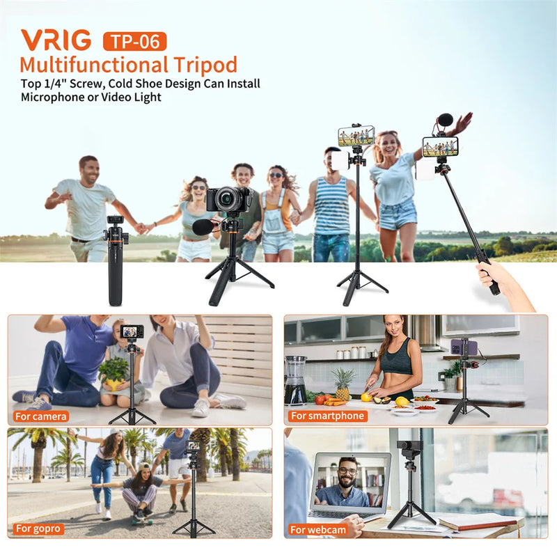 VRIG TP-06 4 Sections Camera Phone Tripod w 360 BallHead Cold Shoe Selfie Stick Tripod Stand for iPhone 15 14 13 12 Phone Camera