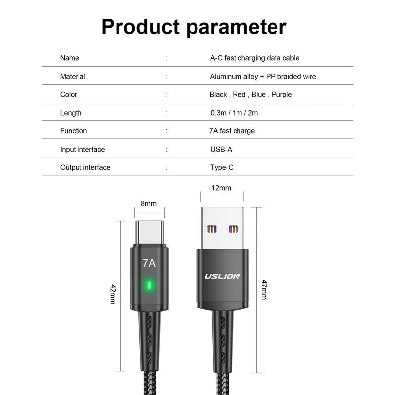 7A USB Type C Cable Wire For Samsung S22 S20 Xiaomi mi 12 Mobile Phone Fast Charging USB C Cable Type C Charger Data Cord Cables