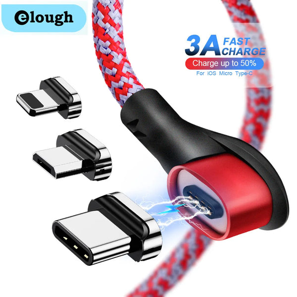 Elough 90 Degree Magetic cable USB C Cable 3 in 1 Elbow 3A Fast Charging Cable Date Wire For iPhone Samsung Xiaomi Mobile Phone